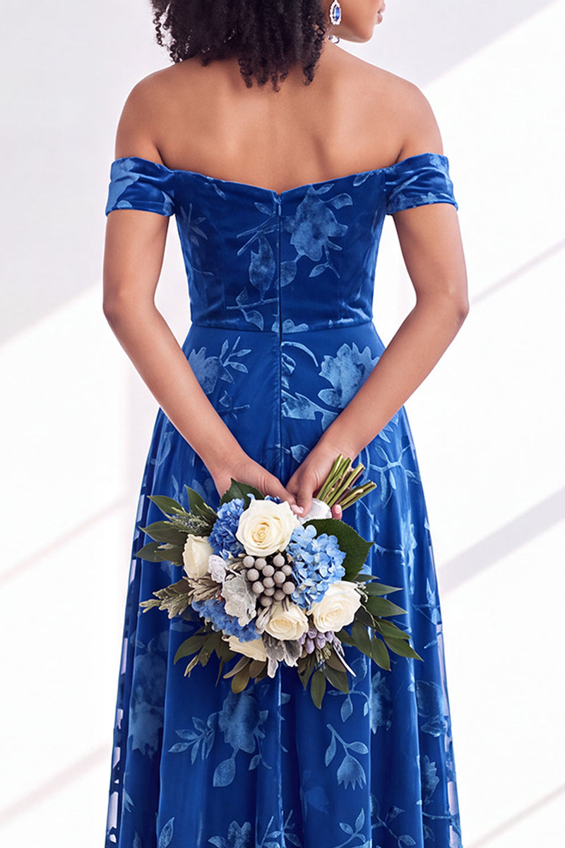 Load image into Gallery viewer, A-Line Floral Orange Off the Shoulder Velvet Long Wedding Guest Dress