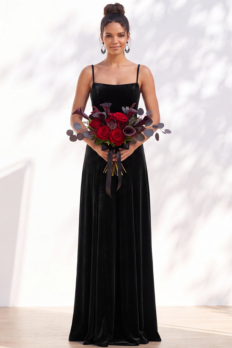 Load image into Gallery viewer, Burgundy A-Line Spaghetti Straps Velvet Long Wedding Guest Dress