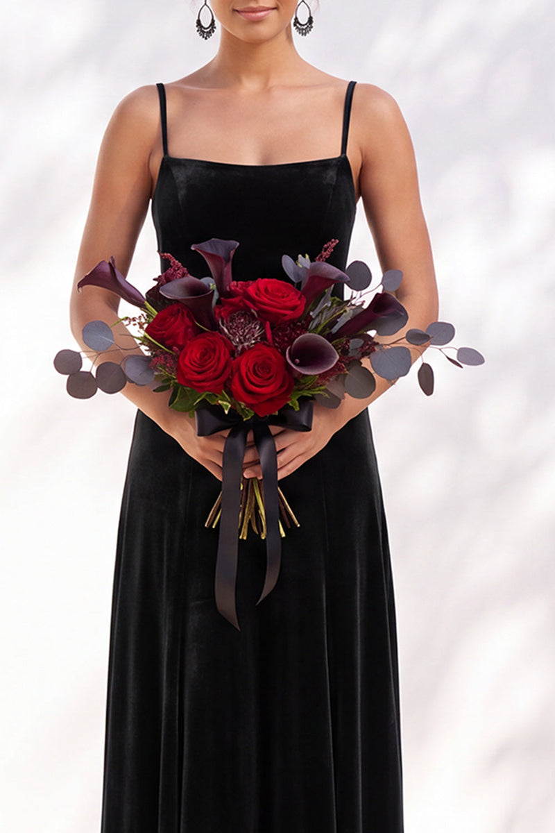 Load image into Gallery viewer, Burgundy A-Line Spaghetti Straps Velvet Long Wedding Guest Dress
