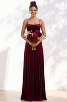 Load image into Gallery viewer, Burgundy A-Line Spaghetti Straps Velvet Long Wedding Guest Dress