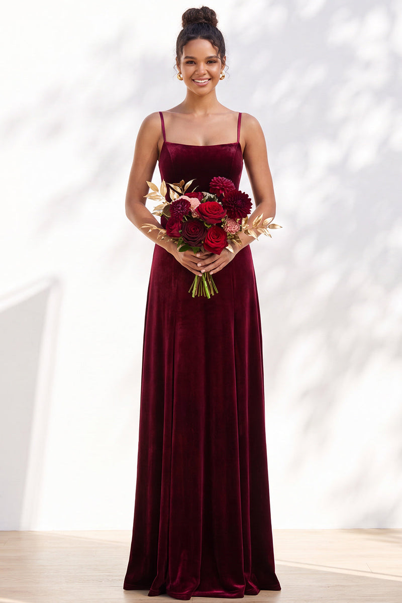 Load image into Gallery viewer, Burgundy A-Line Spaghetti Straps Velvet Long Wedding Guest Dress