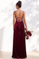 Load image into Gallery viewer, Burgundy A-Line Spaghetti Straps Velvet Long Wedding Guest Dress