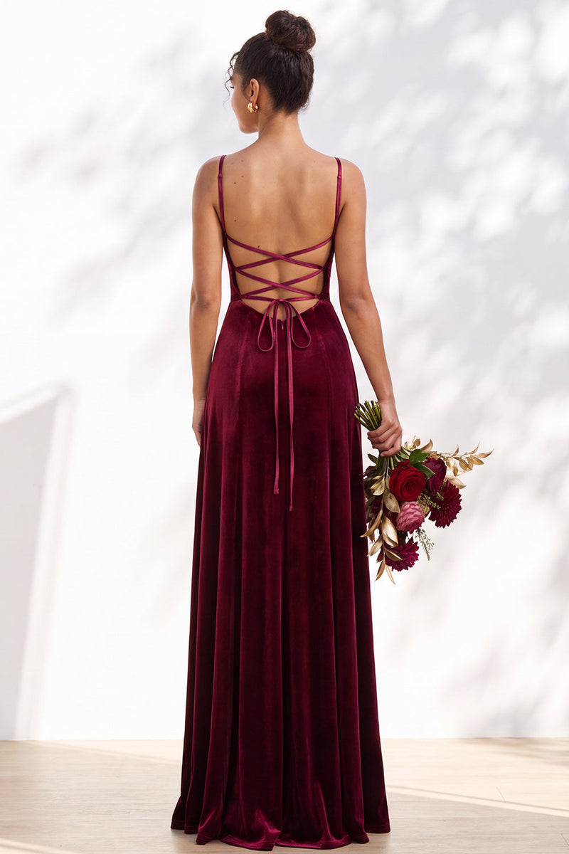 Load image into Gallery viewer, Burgundy A-Line Spaghetti Straps Velvet Long Wedding Guest Dress