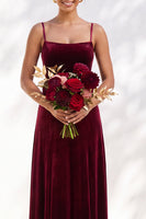Load image into Gallery viewer, Burgundy A-Line Spaghetti Straps Velvet Long Wedding Guest Dress