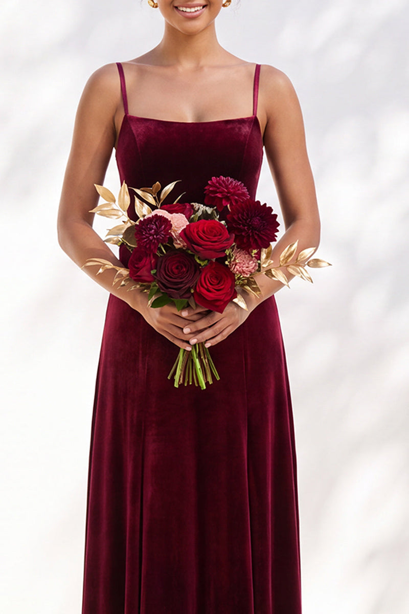 Load image into Gallery viewer, Burgundy A-Line Spaghetti Straps Velvet Long Wedding Guest Dress