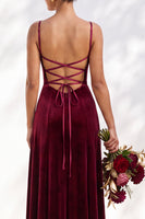 Load image into Gallery viewer, Burgundy A-Line Spaghetti Straps Velvet Long Wedding Guest Dress