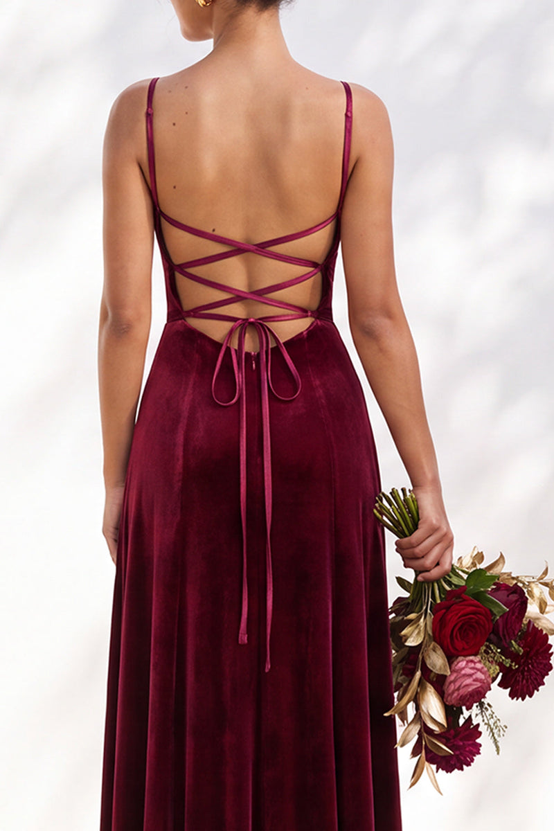 Load image into Gallery viewer, Burgundy A-Line Spaghetti Straps Velvet Long Wedding Guest Dress