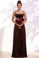 Load image into Gallery viewer, Burgundy A-Line Spaghetti Straps Velvet Long Wedding Guest Dress