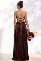 Load image into Gallery viewer, Burgundy A-Line Spaghetti Straps Velvet Long Wedding Guest Dress