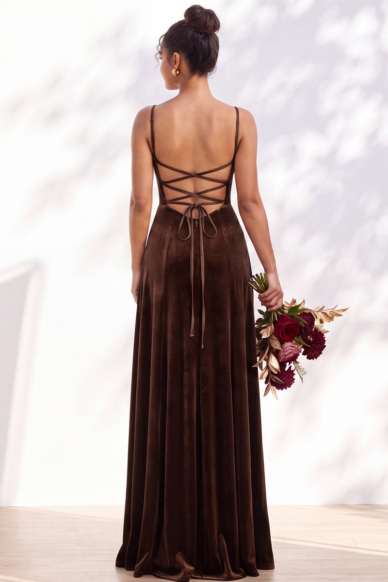 Load image into Gallery viewer, Burgundy A-Line Spaghetti Straps Velvet Long Wedding Guest Dress