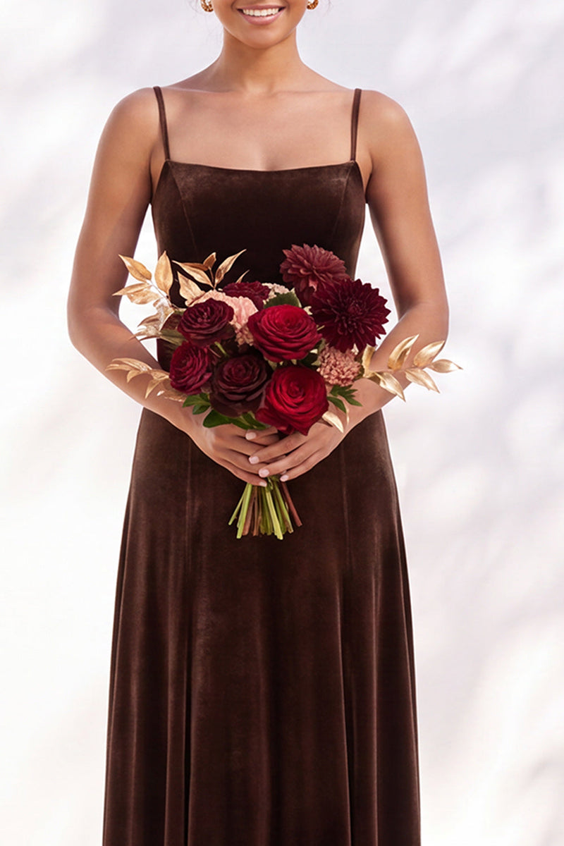 Load image into Gallery viewer, Burgundy A-Line Spaghetti Straps Velvet Long Wedding Guest Dress