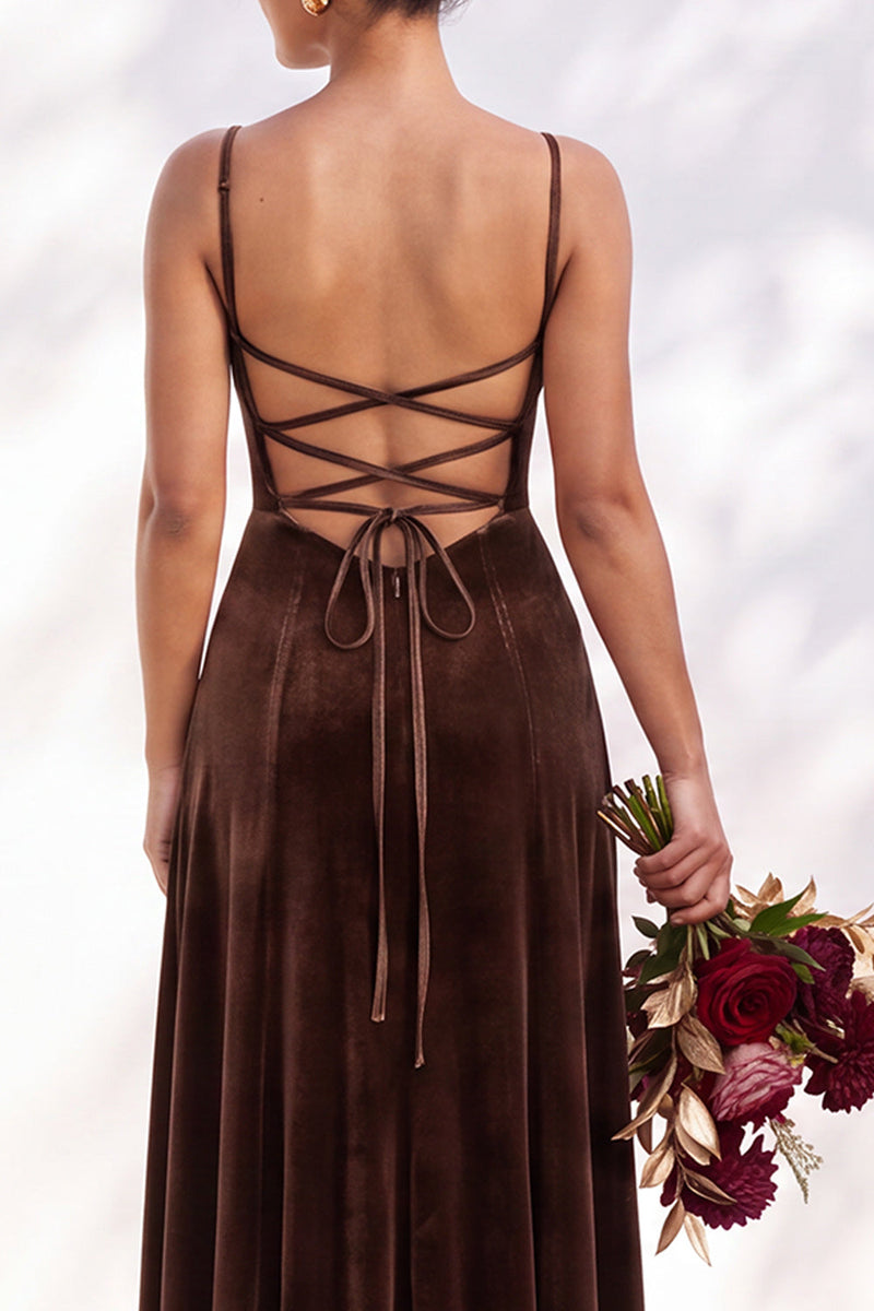 Load image into Gallery viewer, Burgundy A-Line Spaghetti Straps Velvet Long Wedding Guest Dress