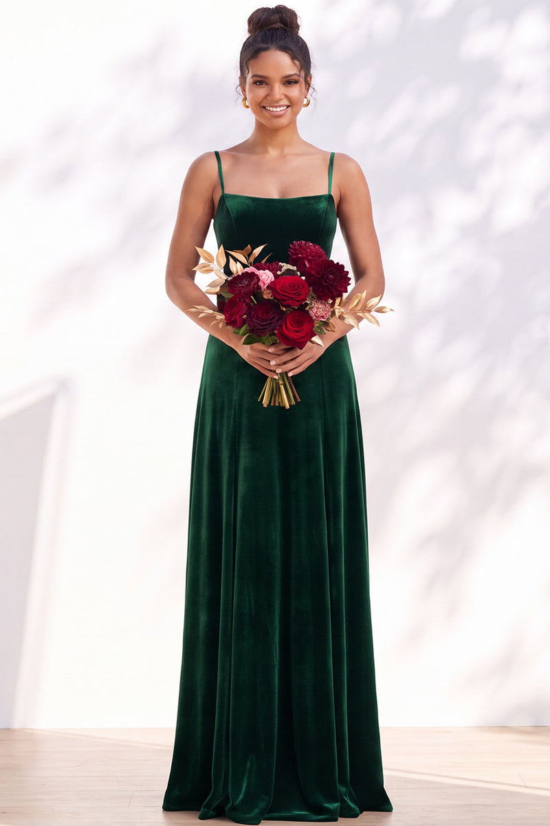 Load image into Gallery viewer, Burgundy A-Line Spaghetti Straps Velvet Long Wedding Guest Dress