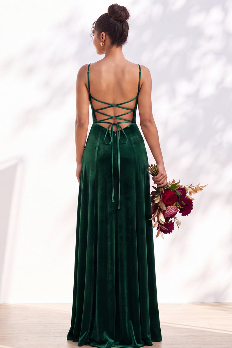 Load image into Gallery viewer, Burgundy A-Line Spaghetti Straps Velvet Long Wedding Guest Dress