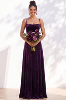 Load image into Gallery viewer, Burgundy A-Line Spaghetti Straps Velvet Long Wedding Guest Dress