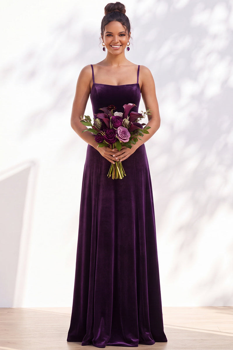 Load image into Gallery viewer, Burgundy A-Line Spaghetti Straps Velvet Long Wedding Guest Dress