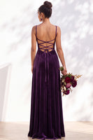 Load image into Gallery viewer, Burgundy A-Line Spaghetti Straps Velvet Long Wedding Guest Dress