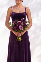 Load image into Gallery viewer, Burgundy A-Line Spaghetti Straps Velvet Long Wedding Guest Dress