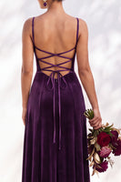 Load image into Gallery viewer, Burgundy A-Line Spaghetti Straps Velvet Long Wedding Guest Dress