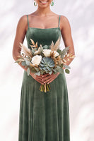 Load image into Gallery viewer, Burgundy A-Line Spaghetti Straps Velvet Long Wedding Guest Dress