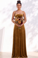 Load image into Gallery viewer, Burgundy A-Line Spaghetti Straps Velvet Long Wedding Guest Dress