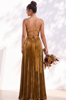 Load image into Gallery viewer, Burgundy A-Line Spaghetti Straps Velvet Long Wedding Guest Dress