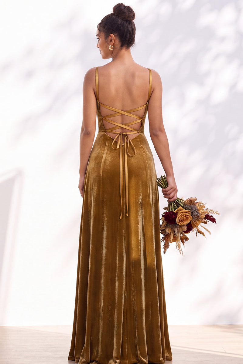 Load image into Gallery viewer, Burgundy A-Line Spaghetti Straps Velvet Long Wedding Guest Dress
