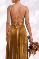 Load image into Gallery viewer, Burgundy A-Line Spaghetti Straps Velvet Long Wedding Guest Dress