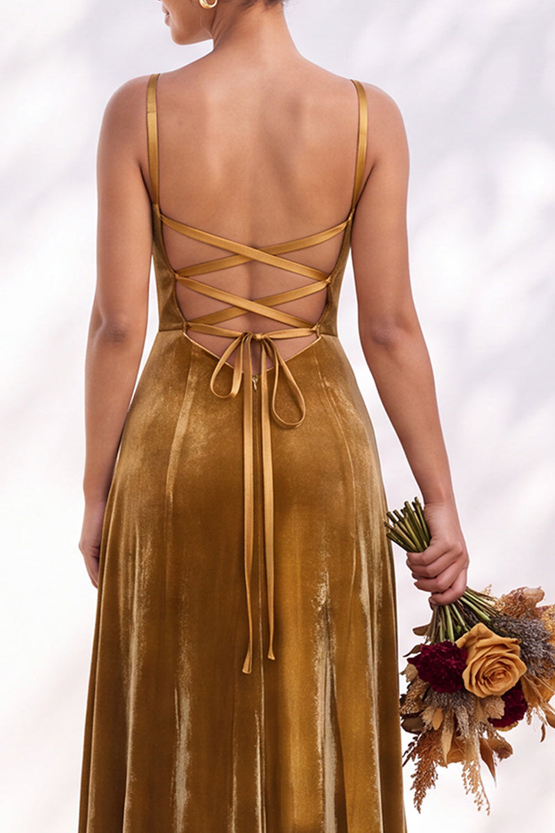 Load image into Gallery viewer, Burgundy A-Line Spaghetti Straps Velvet Long Wedding Guest Dress