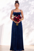 Load image into Gallery viewer, Burgundy A-Line Spaghetti Straps Velvet Long Wedding Guest Dress