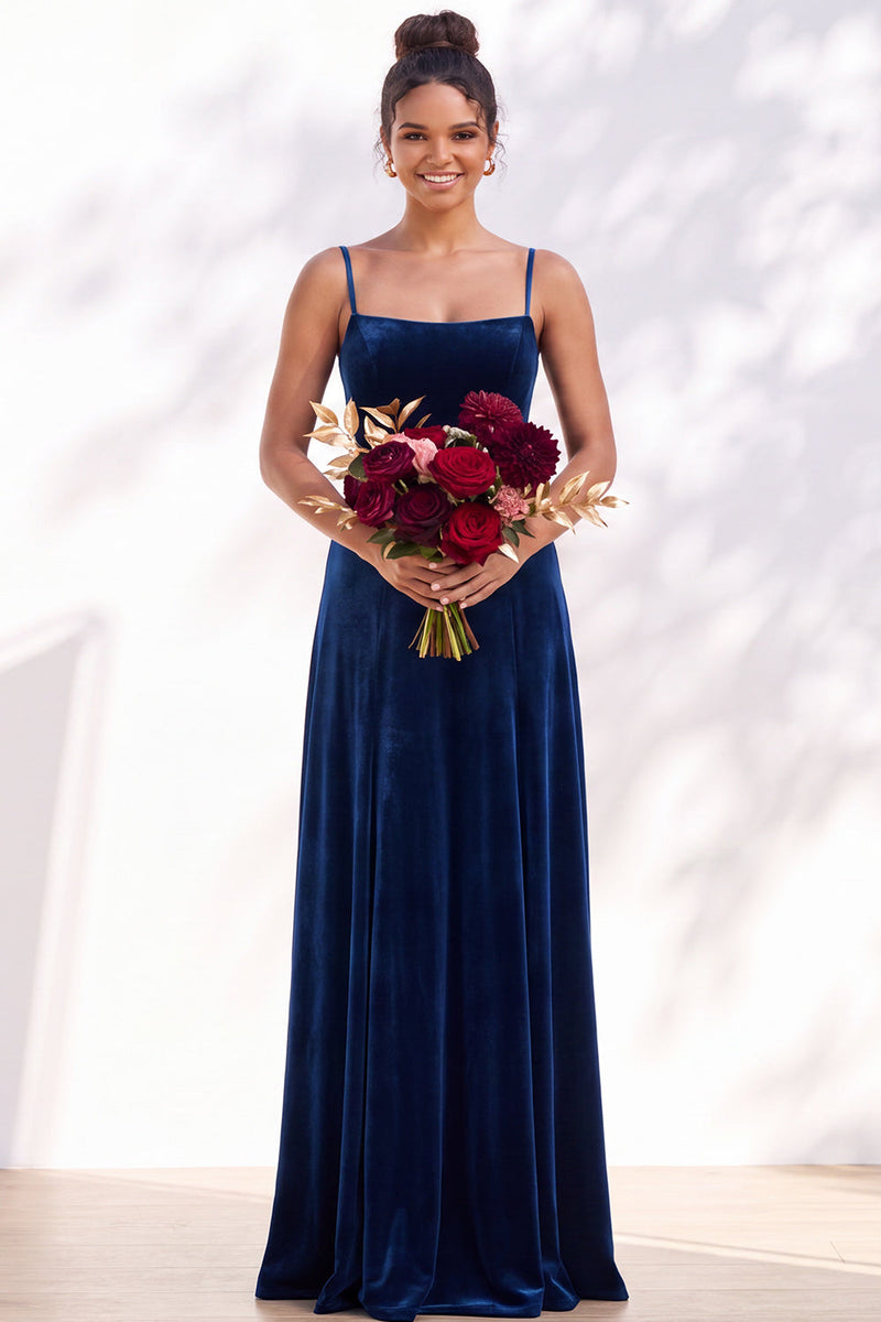 Load image into Gallery viewer, Burgundy A-Line Spaghetti Straps Velvet Long Wedding Guest Dress