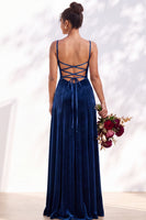 Load image into Gallery viewer, Burgundy A-Line Spaghetti Straps Velvet Long Wedding Guest Dress
