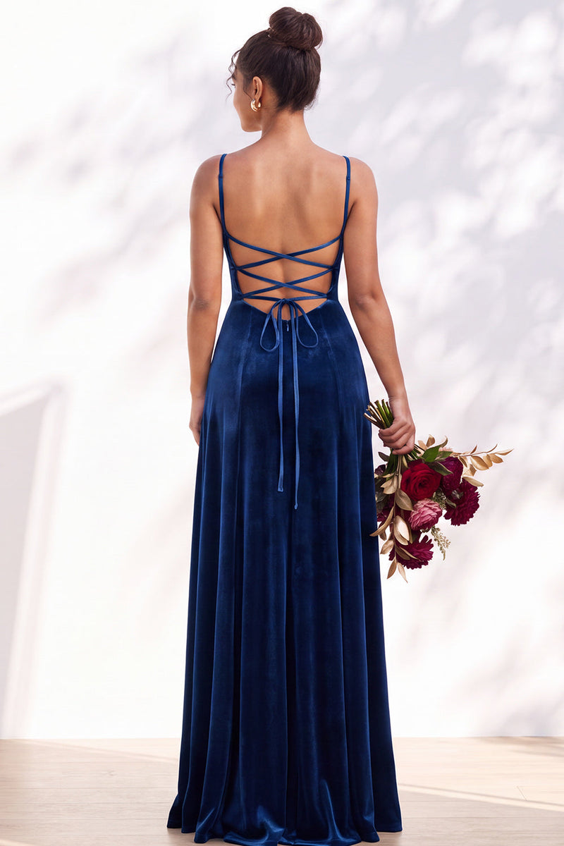 Load image into Gallery viewer, Burgundy A-Line Spaghetti Straps Velvet Long Wedding Guest Dress