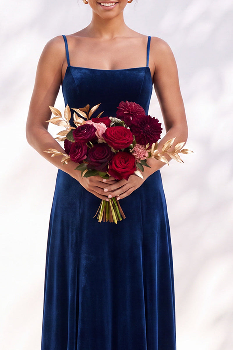 Load image into Gallery viewer, Burgundy A-Line Spaghetti Straps Velvet Long Wedding Guest Dress