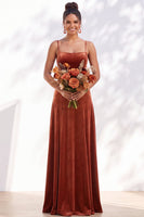 Load image into Gallery viewer, Burgundy A-Line Spaghetti Straps Velvet Long Wedding Guest Dress