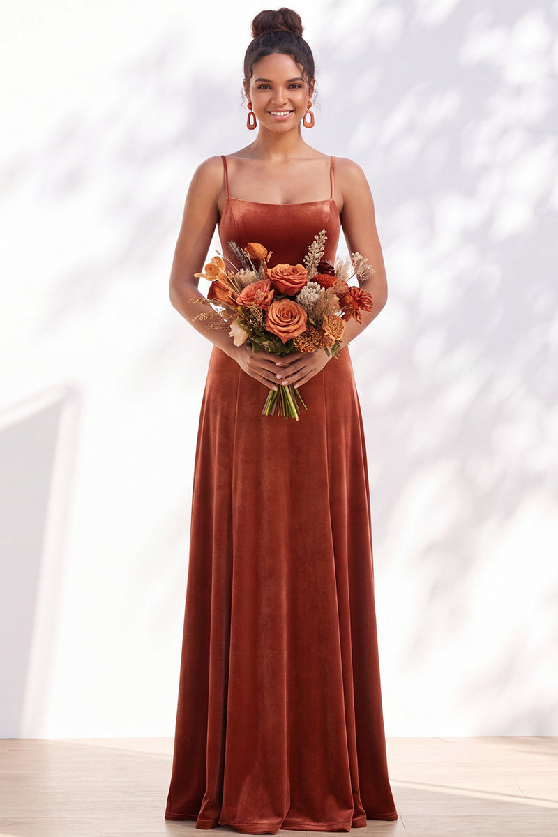 Load image into Gallery viewer, Burgundy A-Line Spaghetti Straps Velvet Long Wedding Guest Dress