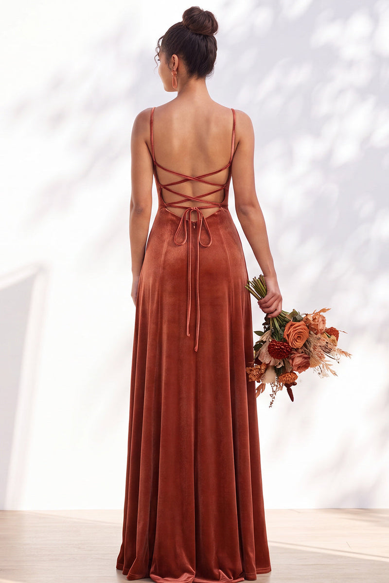 Load image into Gallery viewer, Burgundy A-Line Spaghetti Straps Velvet Long Wedding Guest Dress