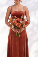 Load image into Gallery viewer, Burgundy A-Line Spaghetti Straps Velvet Long Wedding Guest Dress