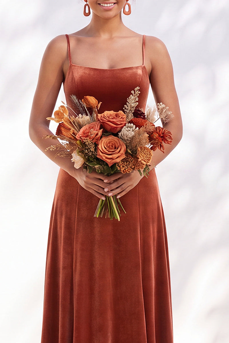 Load image into Gallery viewer, Burgundy A-Line Spaghetti Straps Velvet Long Wedding Guest Dress