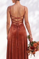 Load image into Gallery viewer, Burgundy A-Line Spaghetti Straps Velvet Long Wedding Guest Dress