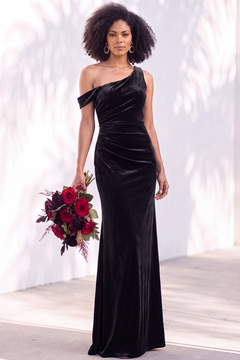 Load image into Gallery viewer, Coffee Mermaid Velvet Ruched One Shoulder Long Wedding Guest Dress