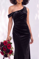 Load image into Gallery viewer, Coffee Mermaid Velvet Ruched One Shoulder Long Wedding Guest Dress