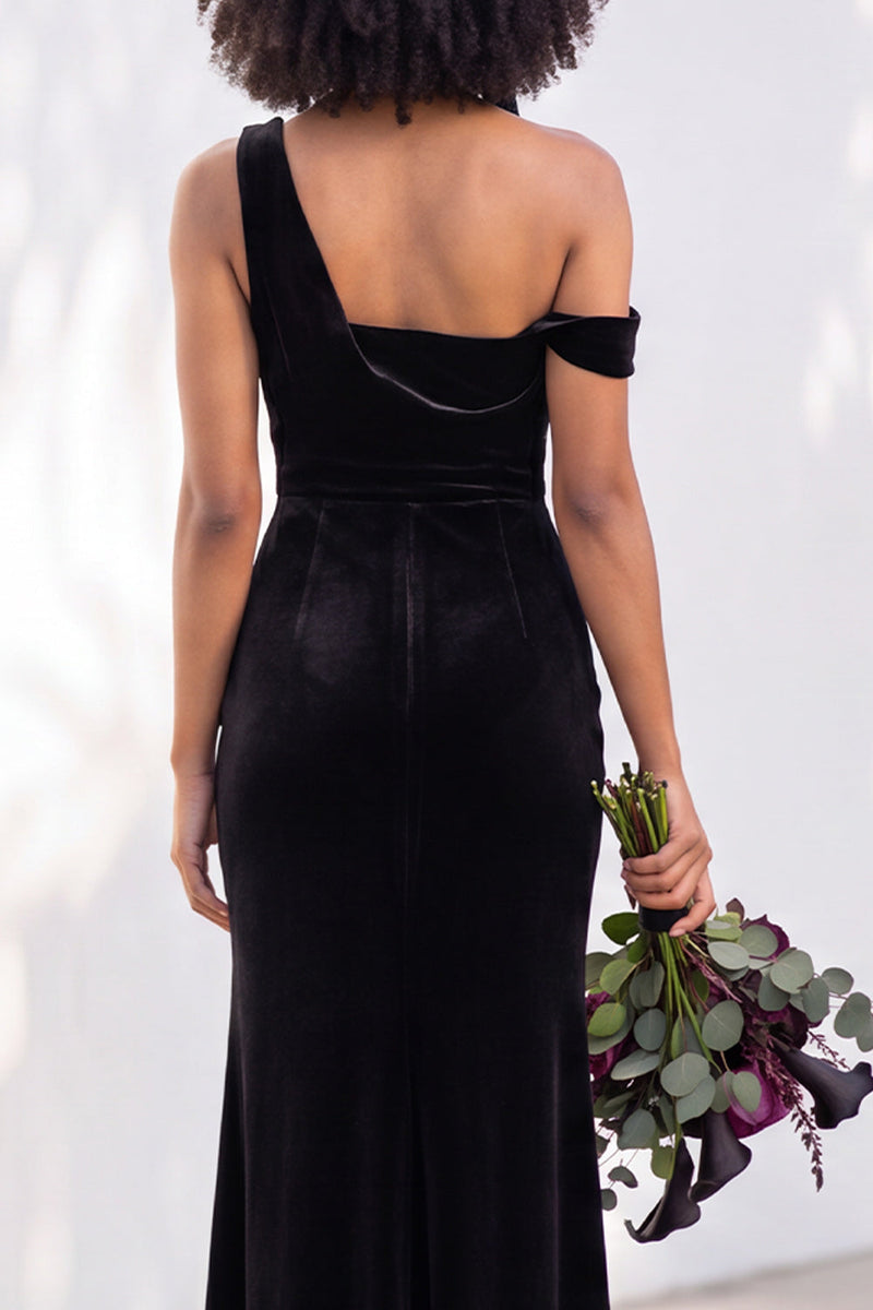 Load image into Gallery viewer, Coffee Mermaid Velvet Ruched One Shoulder Long Wedding Guest Dress