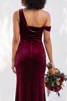Load image into Gallery viewer, Coffee Mermaid Velvet Ruched One Shoulder Long Wedding Guest Dress