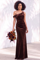 Load image into Gallery viewer, Coffee Mermaid Velvet Ruched One Shoulder Long Wedding Guest Dress