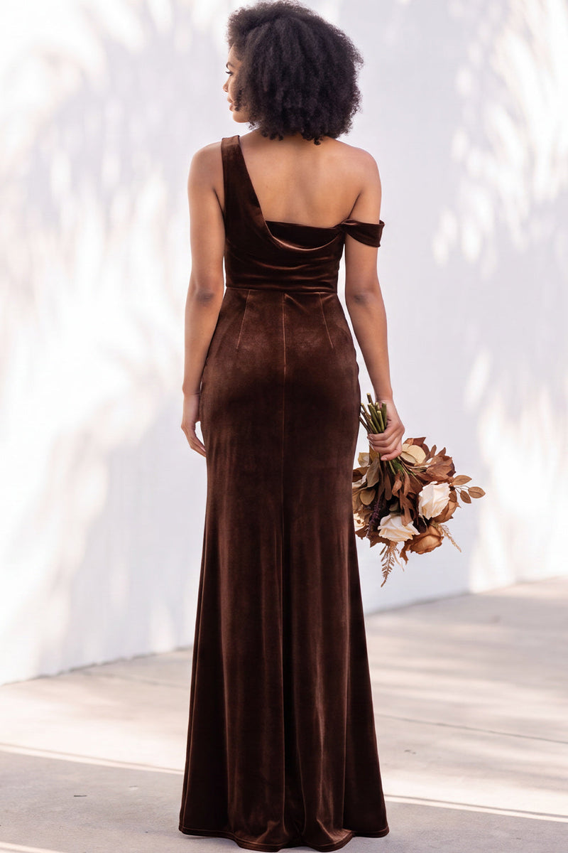 Load image into Gallery viewer, Coffee Mermaid Velvet Ruched One Shoulder Long Wedding Guest Dress