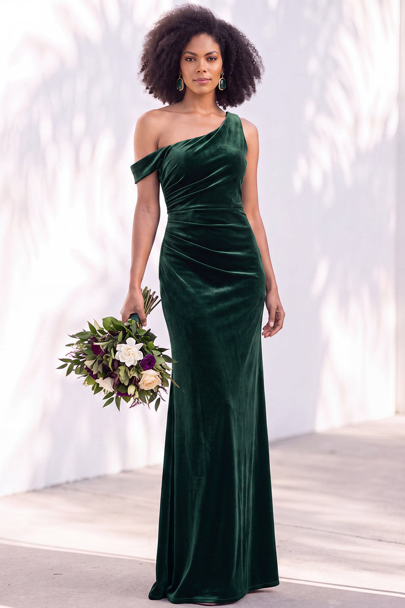 Load image into Gallery viewer, Coffee Mermaid Velvet Ruched One Shoulder Long Wedding Guest Dress
