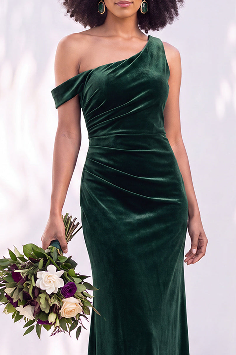 Load image into Gallery viewer, Coffee Mermaid Velvet Ruched One Shoulder Long Wedding Guest Dress
