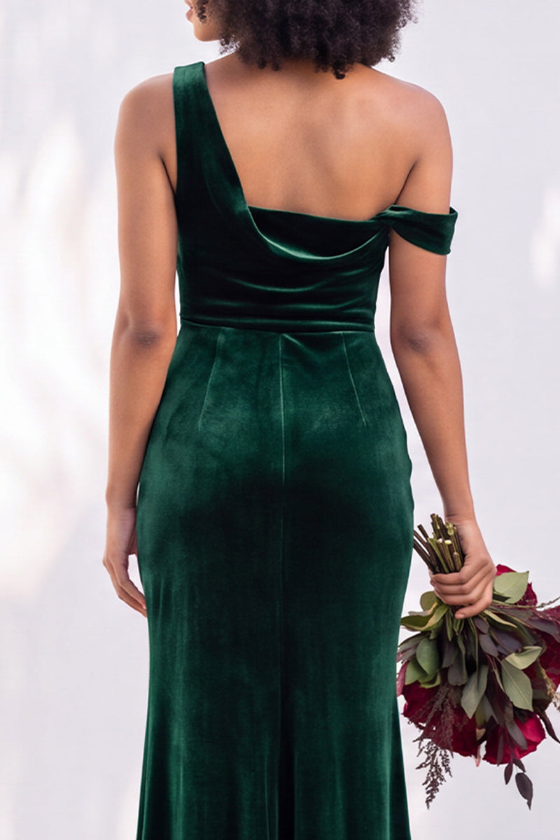 Load image into Gallery viewer, Coffee Mermaid Velvet Ruched One Shoulder Long Wedding Guest Dress