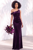 Load image into Gallery viewer, Coffee Mermaid Velvet Ruched One Shoulder Long Wedding Guest Dress